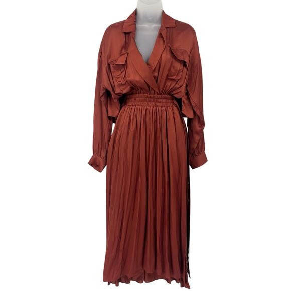 MISA Blair Dress Burnt Orange Satin Midi Long Sleeve Open Back Belted XS NWT - Picture 7 of 14